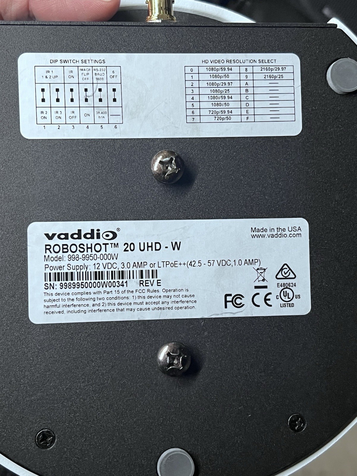 Vaddio Roboshot 20 UHD-W Ultra High Definition PTZ Camera W/ Bridge Assembly