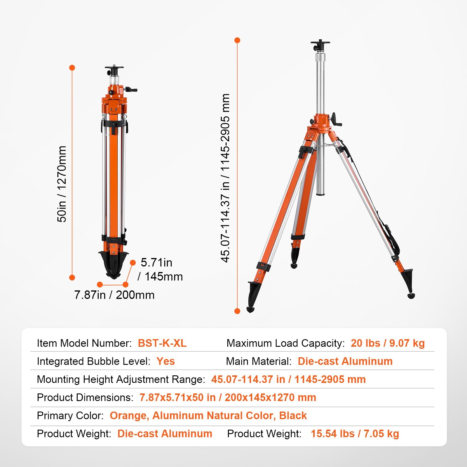VEVOR Laser Level Tripod Stand 5/8″-11 Thread 45.07-114.37 in Height Adjustment