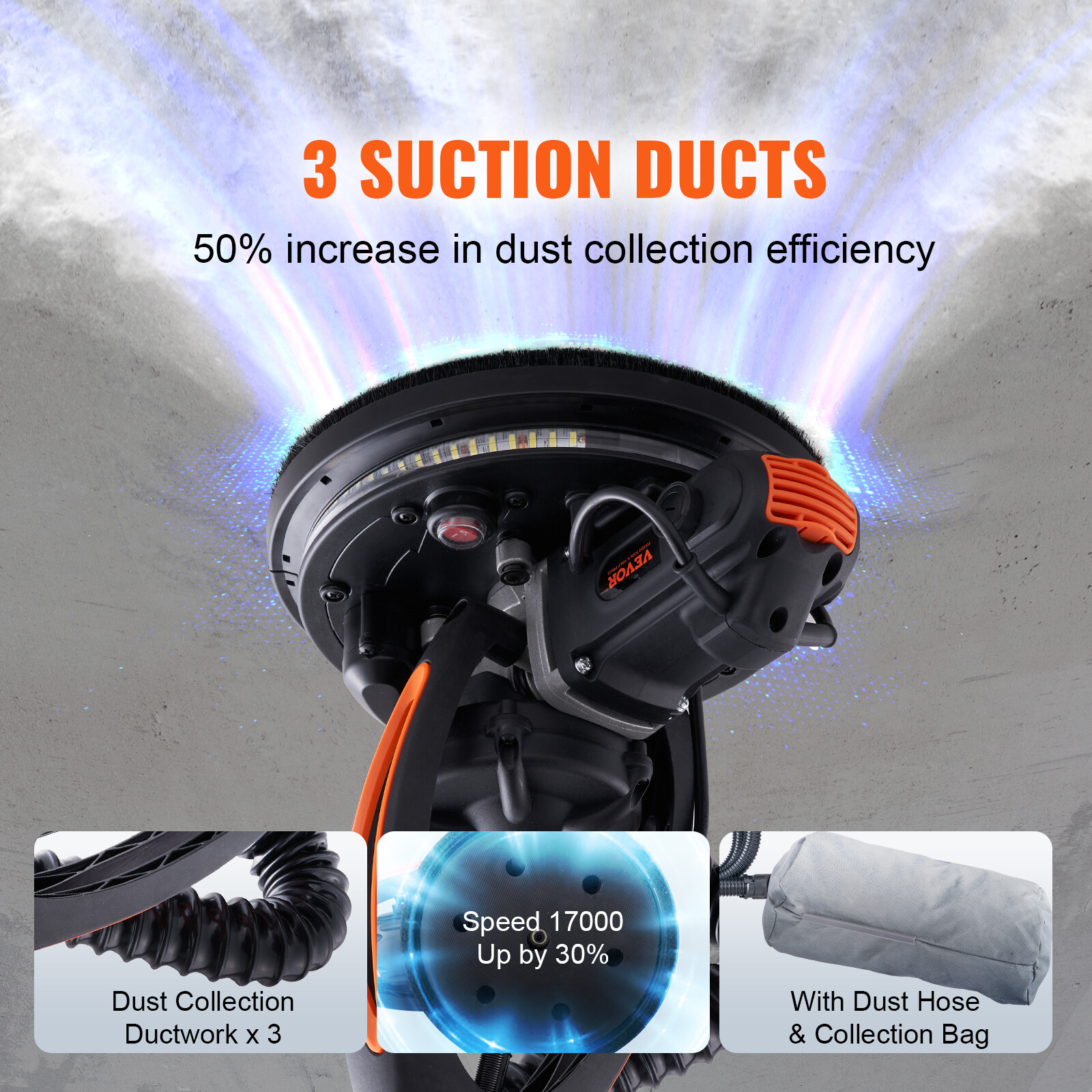 VEVOR Drywall Sander 900W Brush Motor 800-1800RPM Variable Speed & Self-Suction