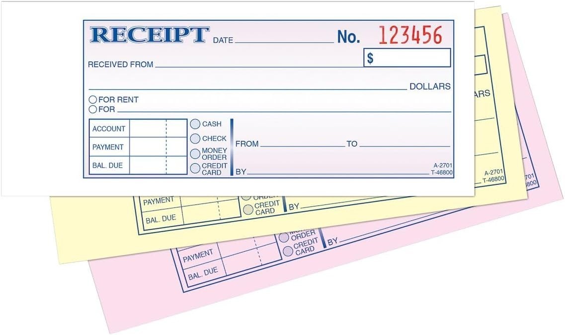 3-Part Money/Rent Receipt Book – Quality, 2-3/4 x 7-3/16 Inches, 50 Sets