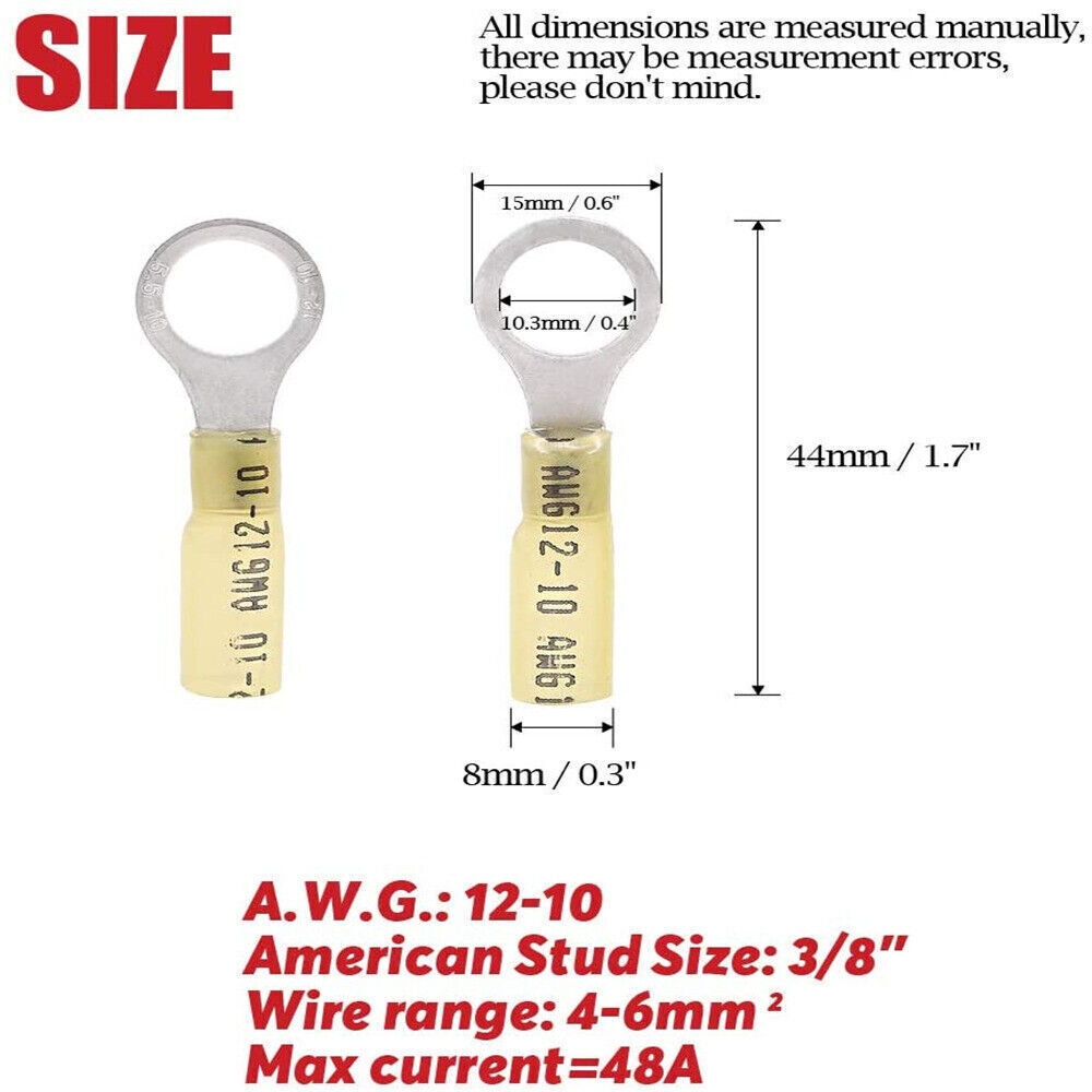500/50Pcs 12-10AWG Waterproof Wire Crimp Connector Heat Shrink Ring Terminal M10