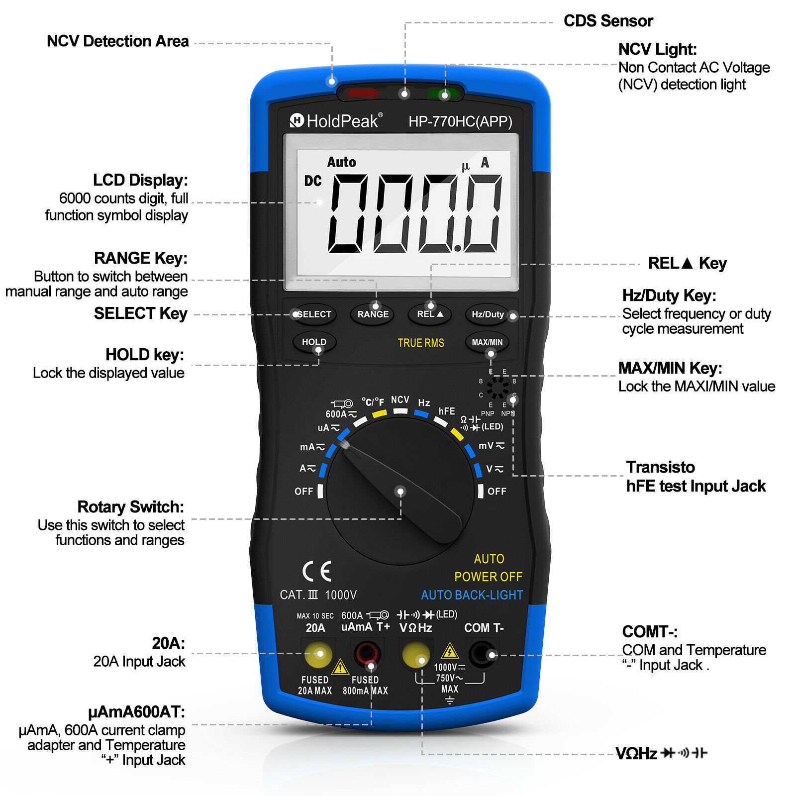 Voltmeter TRMS 6000 Count AC/DC NCV 1000V 20A Bluetooth Test Digital Multimeter