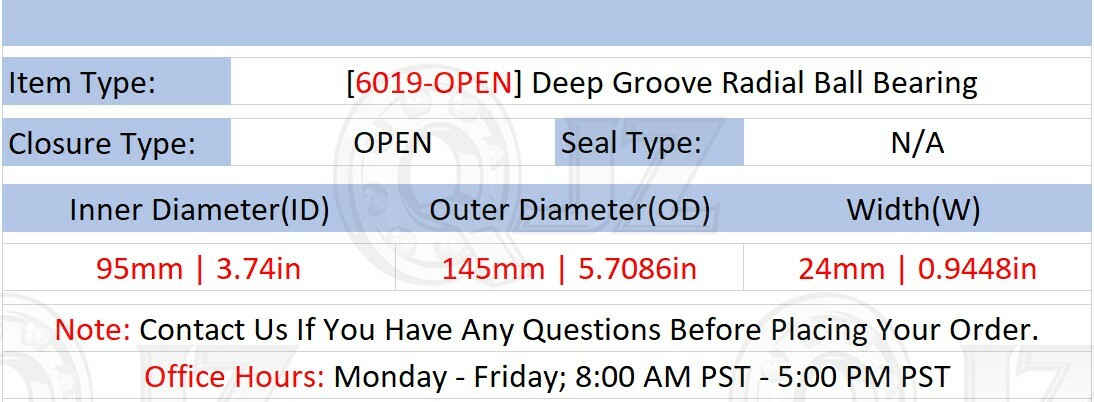 [Qty.8] New 6019-OPEN Deep Groove Ball Bearing [95mm Bore x 145mm OD x 24mm W]