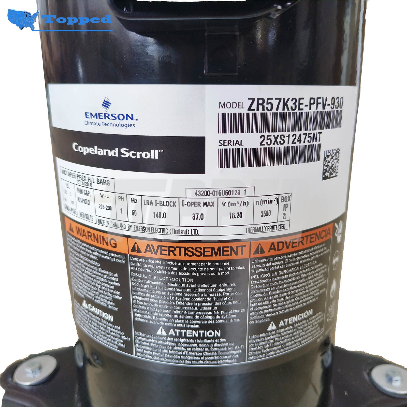 Brand New Scroll Compressor ZR57K3E-PFV-930 for Emerson Copeland 208-230V 1PH