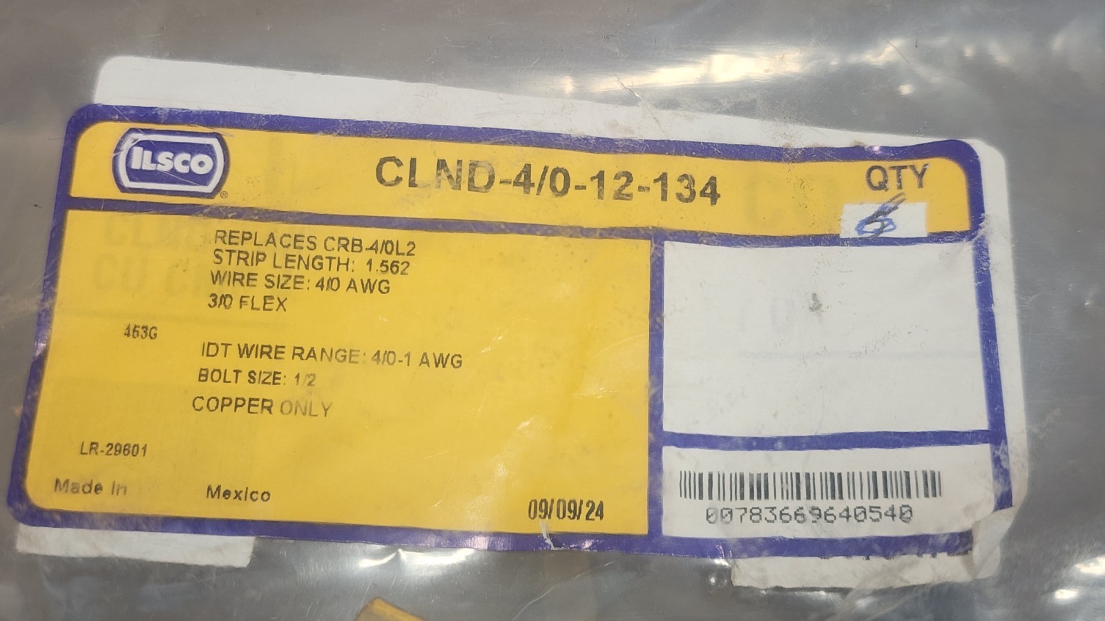 Ilsco CLND-4/0-12-134 Crimp Compression Lug Size 4/0 – 1 AWG Purple (Qty 6)