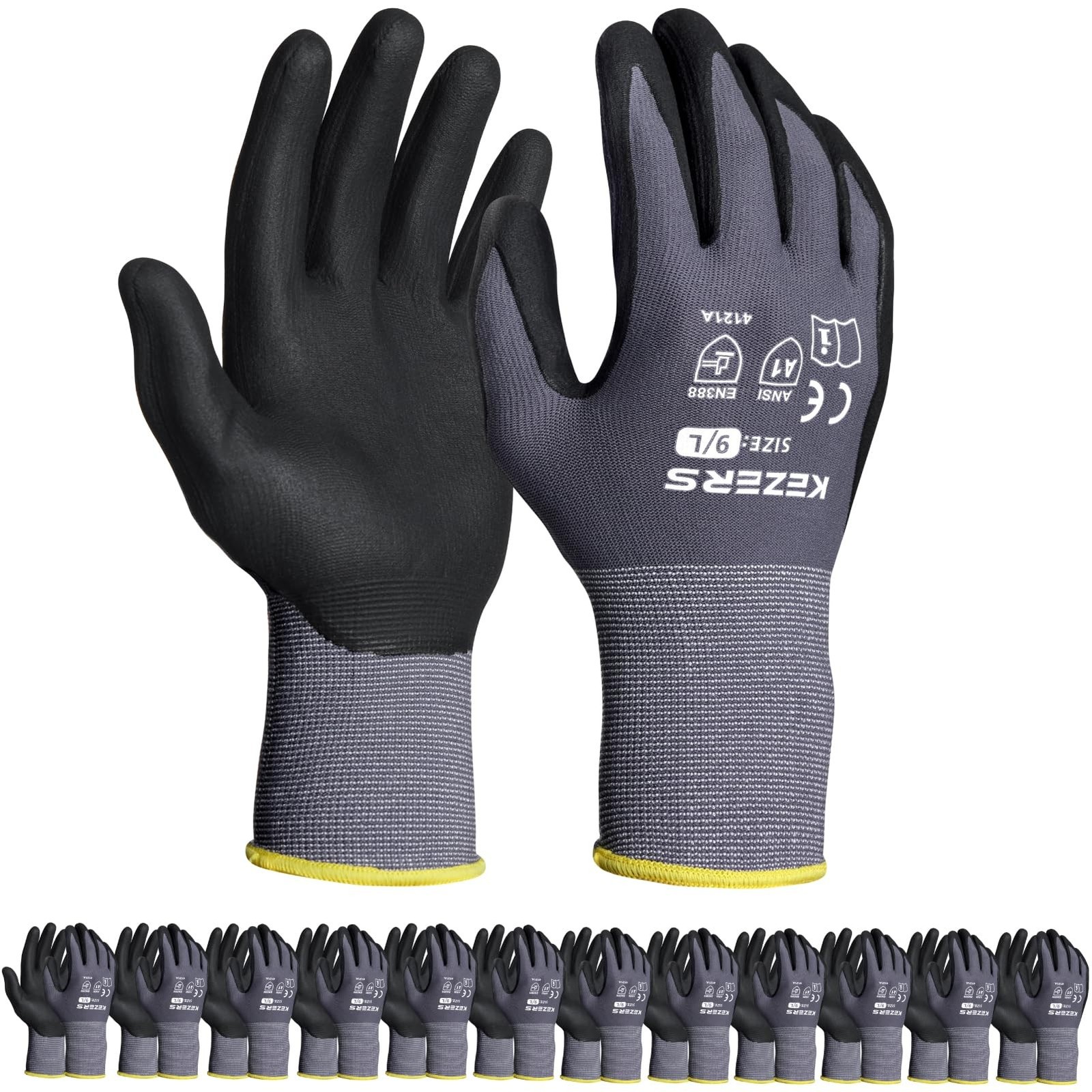 KEZERS Work Gloves with Nitrile Coat Micro Foam Grip on Palm and Fingers,12Pa…