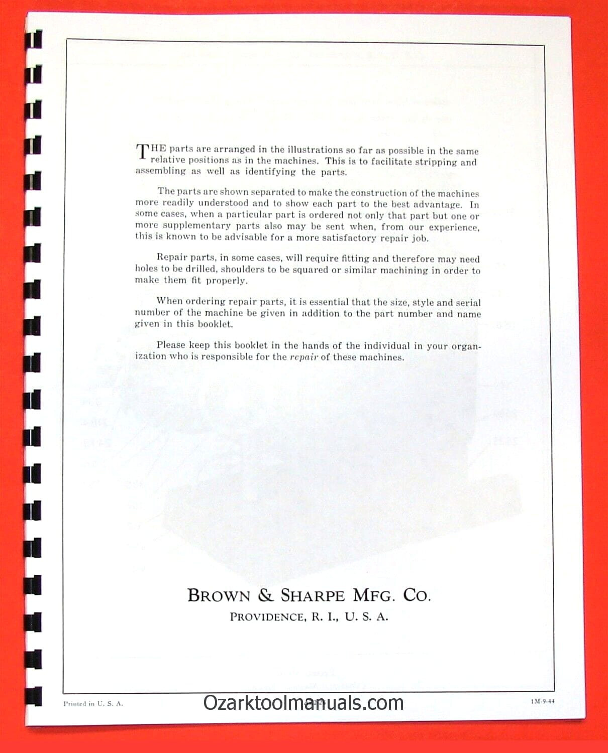 BROWN & SHARPE 2A & 2B Horizontal Milling Machine Repair Parts Manual 0088
