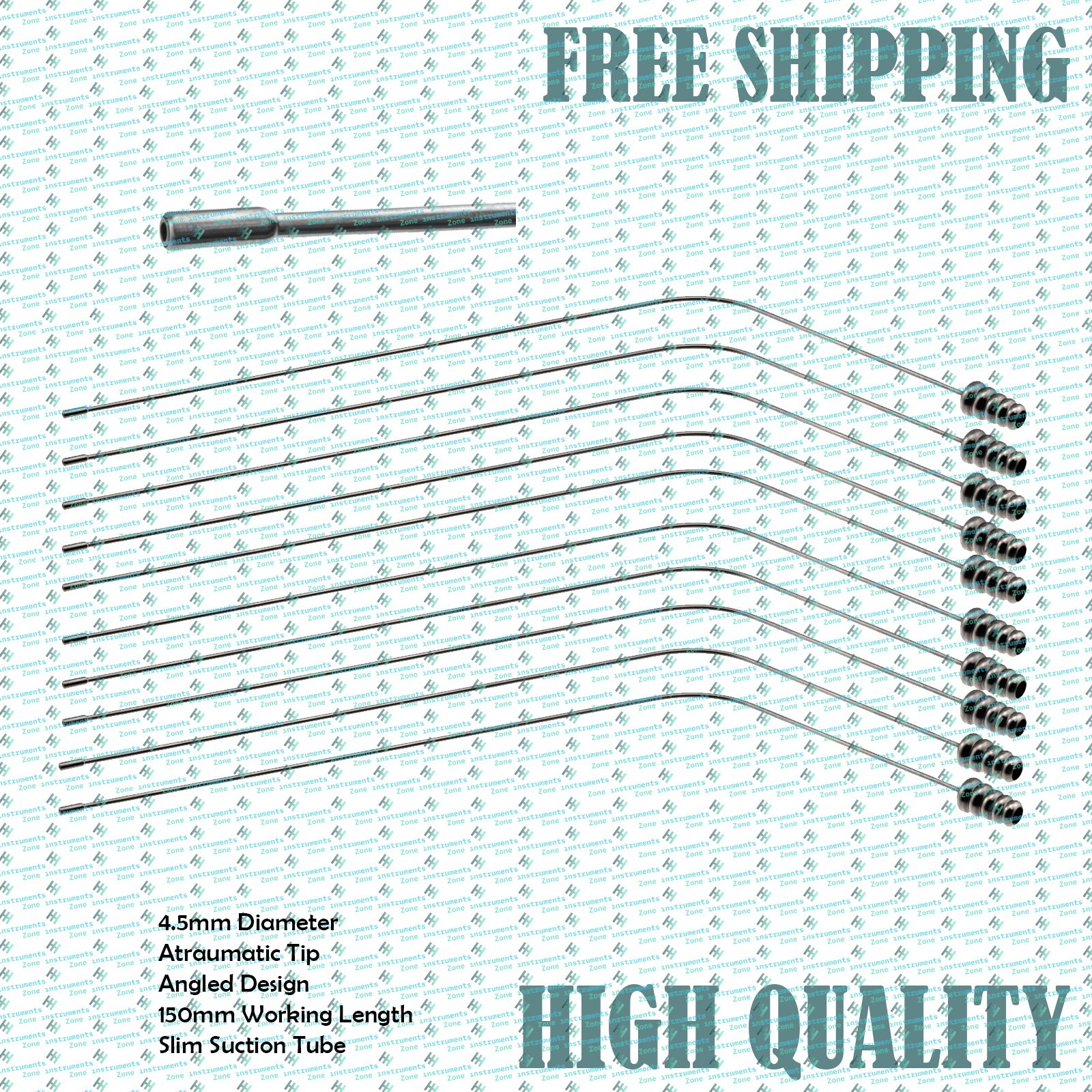 10PC Yasargil Suction Tube 4.5mm, Atraumatic Angled Tip, 150mm Working Length