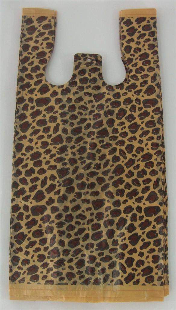 100 Qty. Leopard Print Design Plastic T-Shirt Retail Bags w/ Handles 8″x 5″x 16″