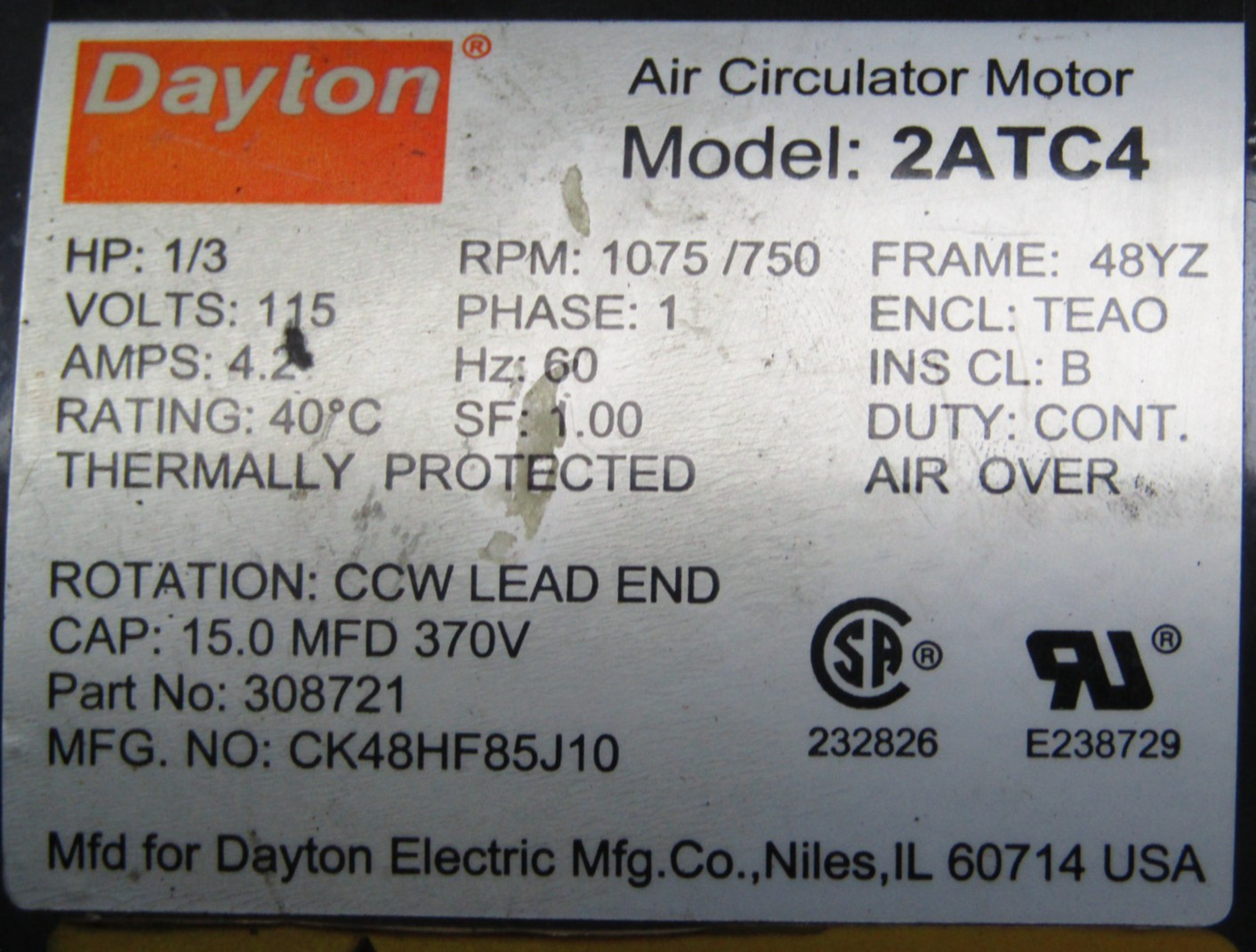 🙌 DAYTON 1/3 HP ELECTRIC AIR CIRCULATOR MOTOR 1075/750 RPM 115 VAC 2ATC4