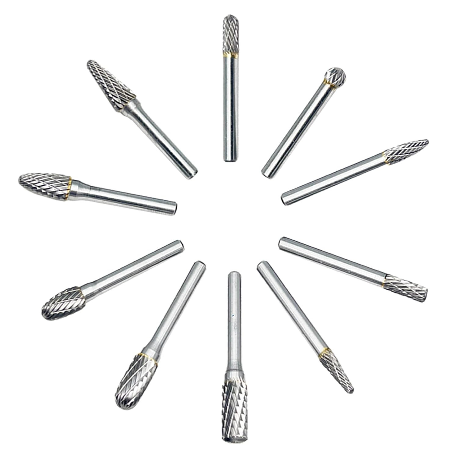 Carbide Rotary Burrs Set with 1/4”Shank 10Pcs Double Cut Solid Tungsten Carbide
