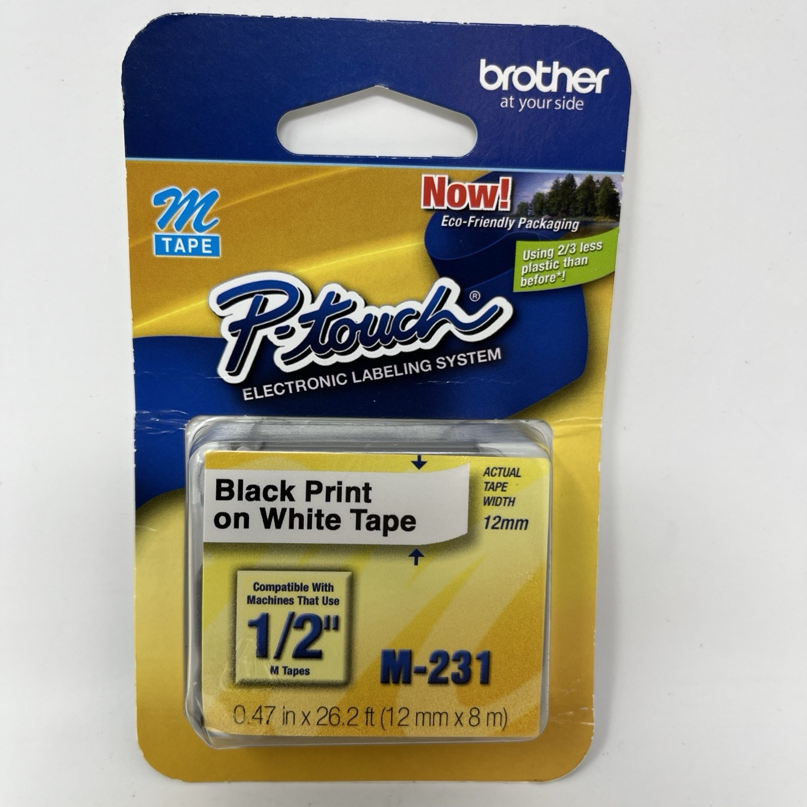 Brother P-Touch M-Tape M-231 1/2″ BLACK on WHITE .47 In × 26.2 Ft (12 mm × 8 m)