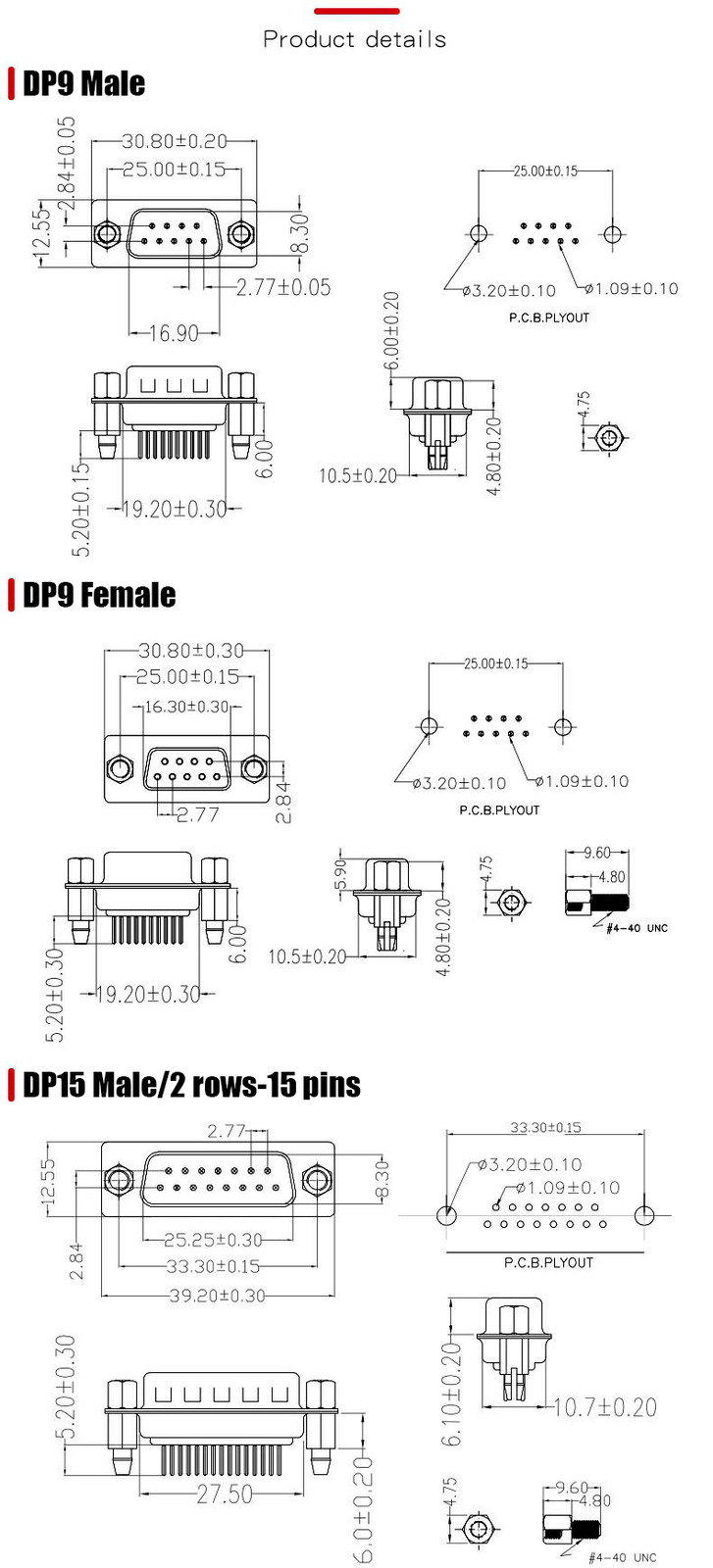 DB9 DB15 DB25 DB37 Straight Plug Male / Female Socket D-sub PCB Welded Connector
