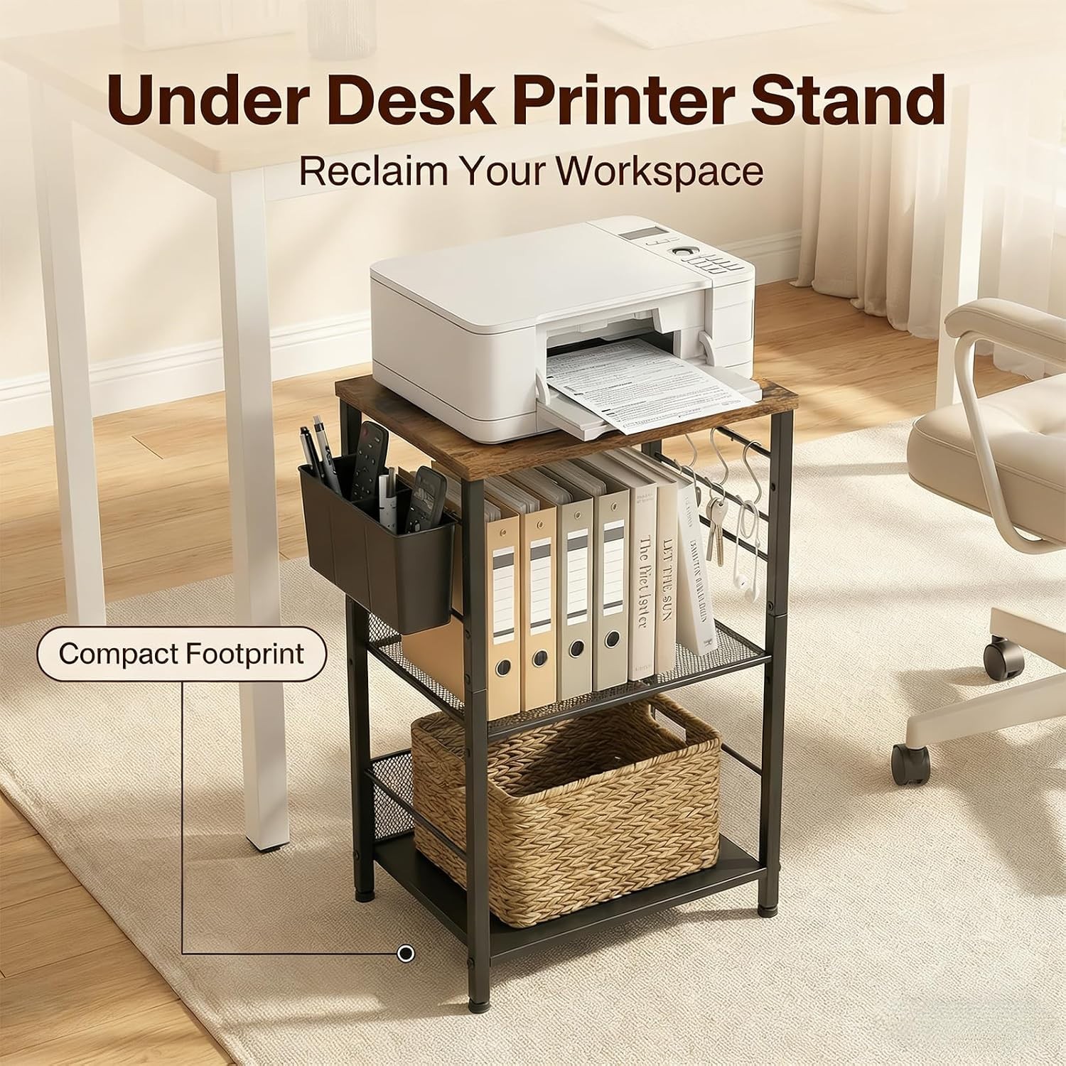 Adjustable 3-Tier Under Desk Printer Stand with Hooks & Basket
