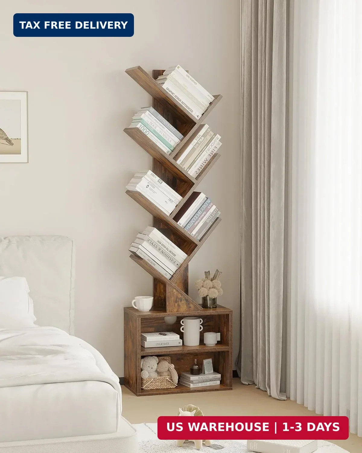 6 Tier Tree Bookshelf, Small Bookcase with Storage Cabinet, Modern Tall Narrow B