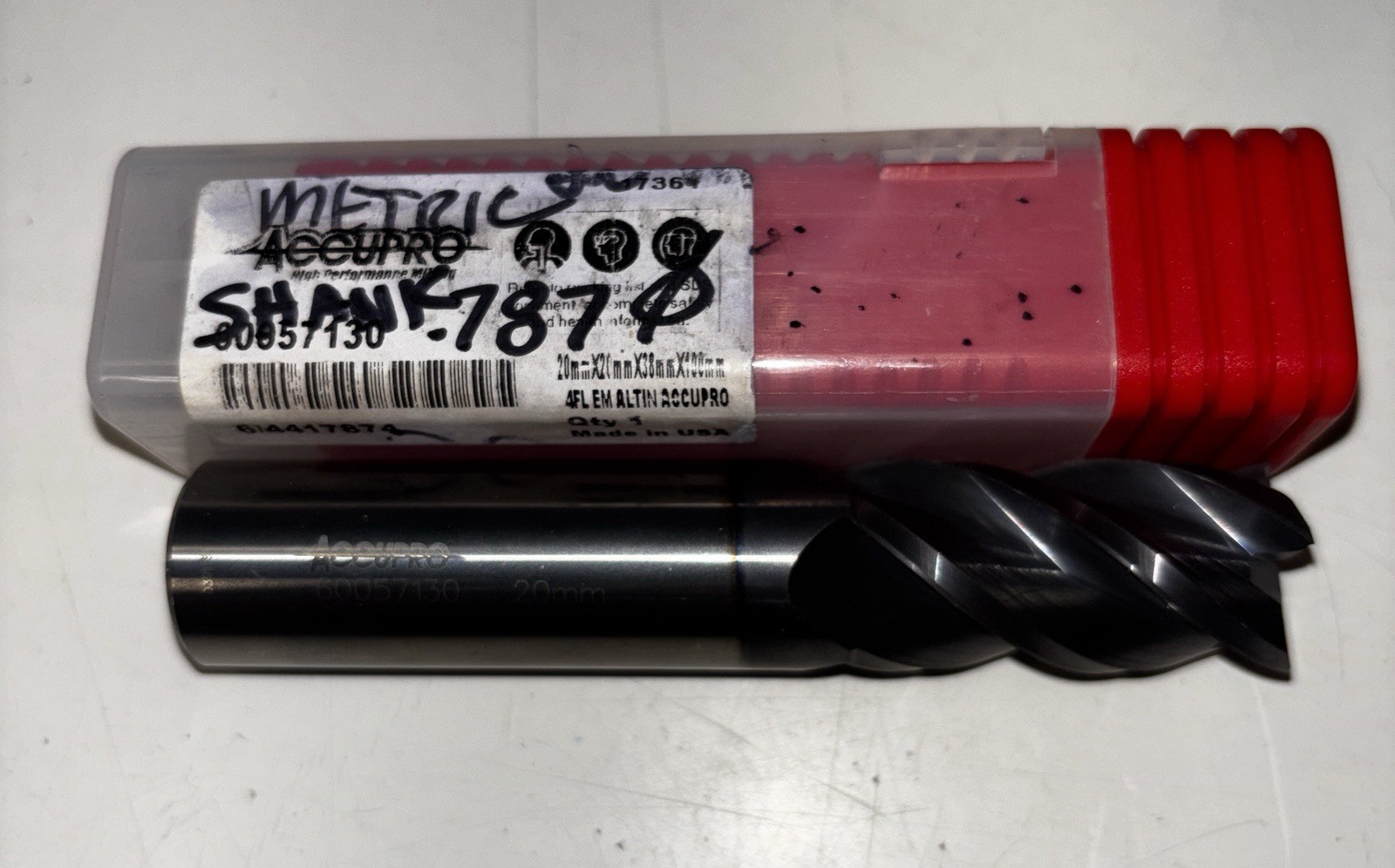 Accupro 20mm, 38mm LOC, 20mm Shank, 100mm OAL, 4 Flute, Solid Carbide