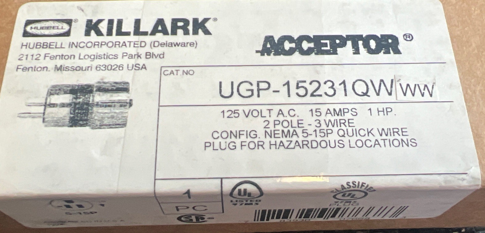 Hubbell Killark Ugp-15231Qwww Plug,125Vac,60 Hz,15A,1 Hp