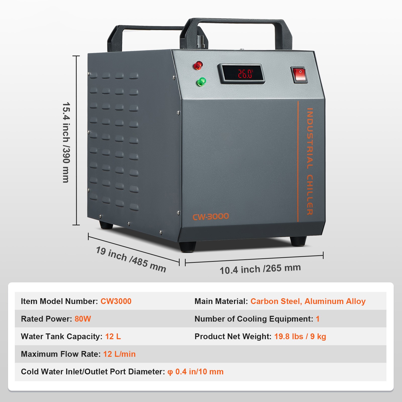 VEVOR Air-cooled Industrial Water Chiller CW-3000 12 L 12 L/min for Laser Tube