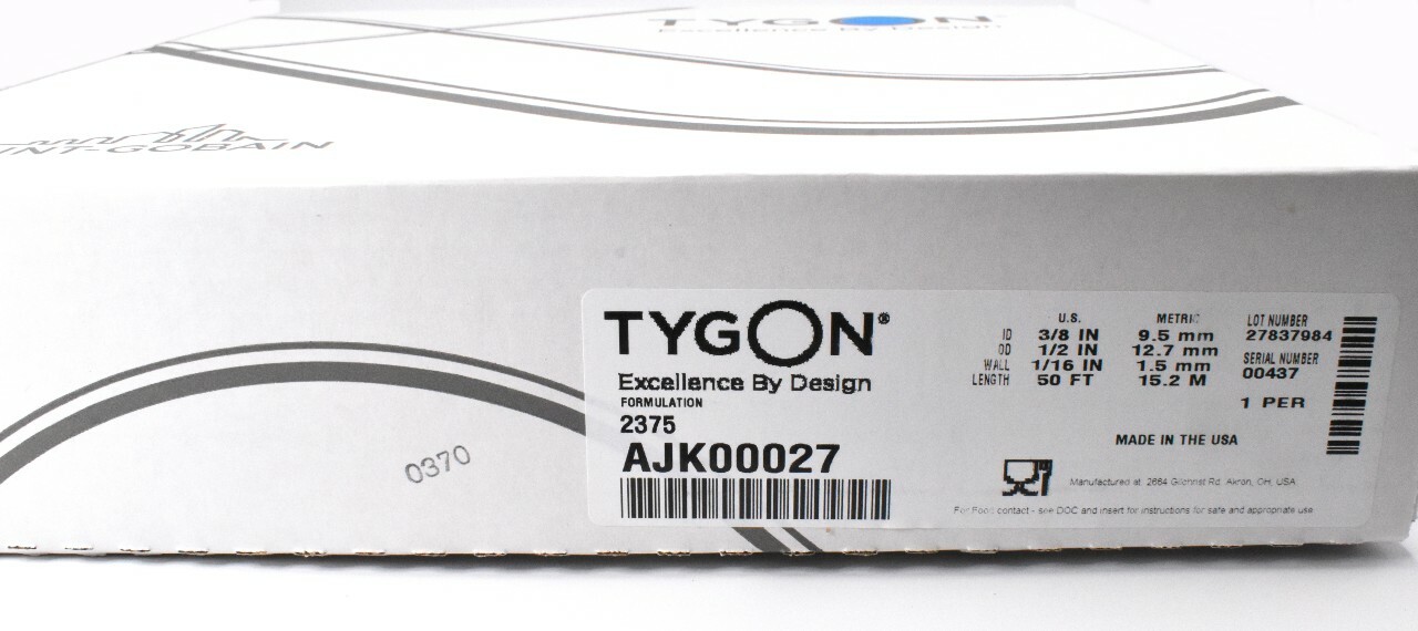Tygon 2375 AJK00027 50′ Length 3/8″ ID x 1/2″ OD Chemical Transfer Tubing