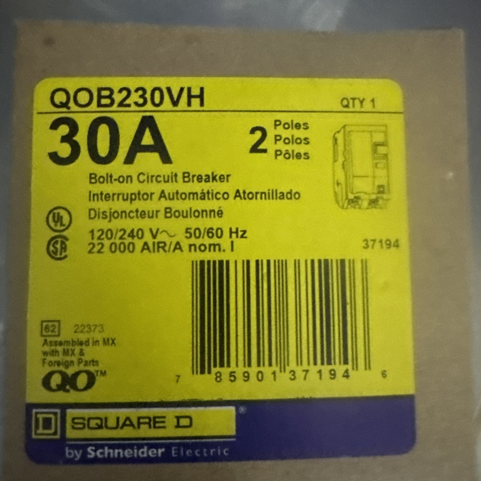 NEW Square D QOB QOB230VH 2 Pole 30 Amp 240V 22kA Circuit Breaker NOB AK