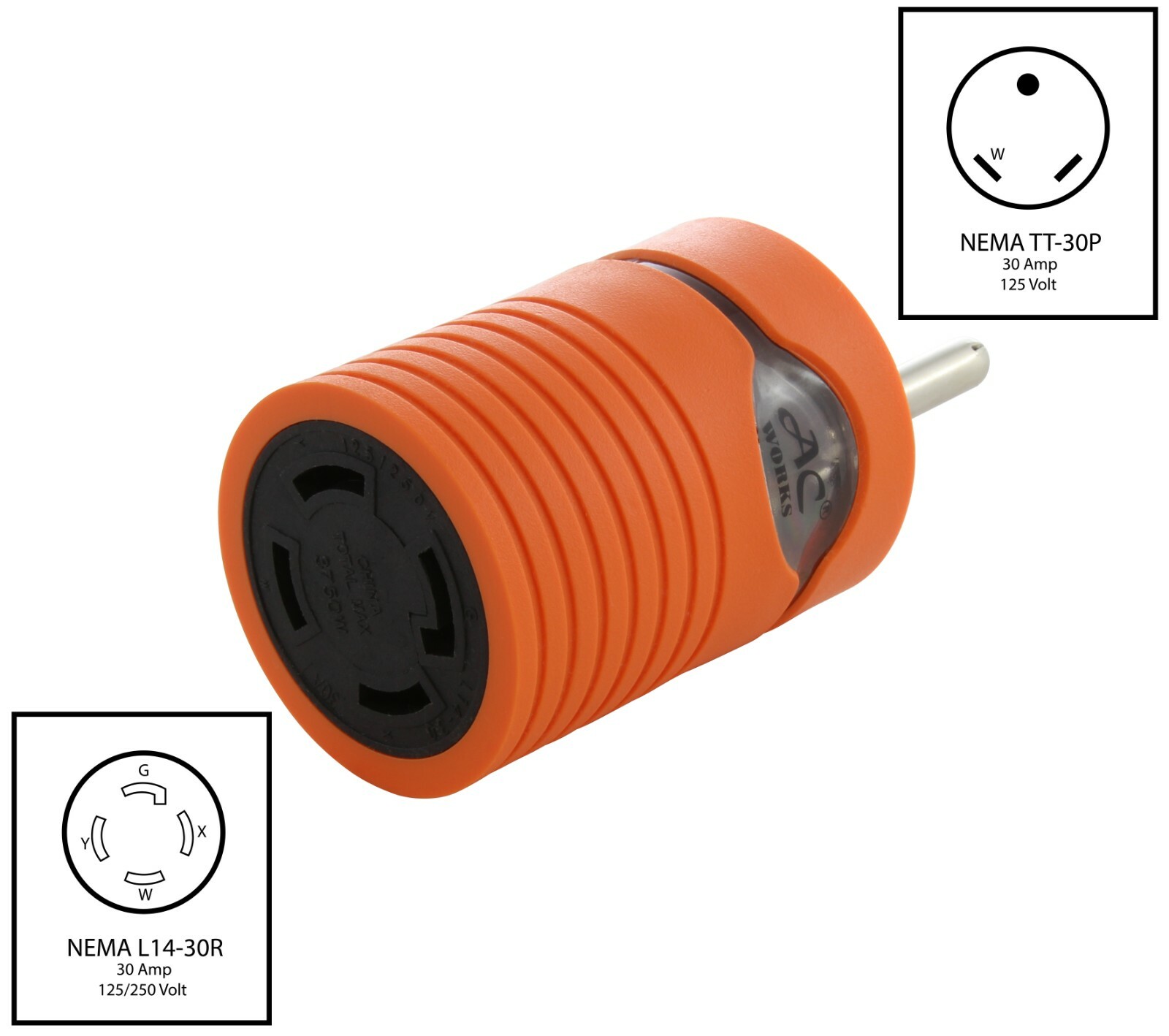 30A 125V NEMA TT-30 Male Plug to 30A NEMA L14-30 Female Connector Adapter