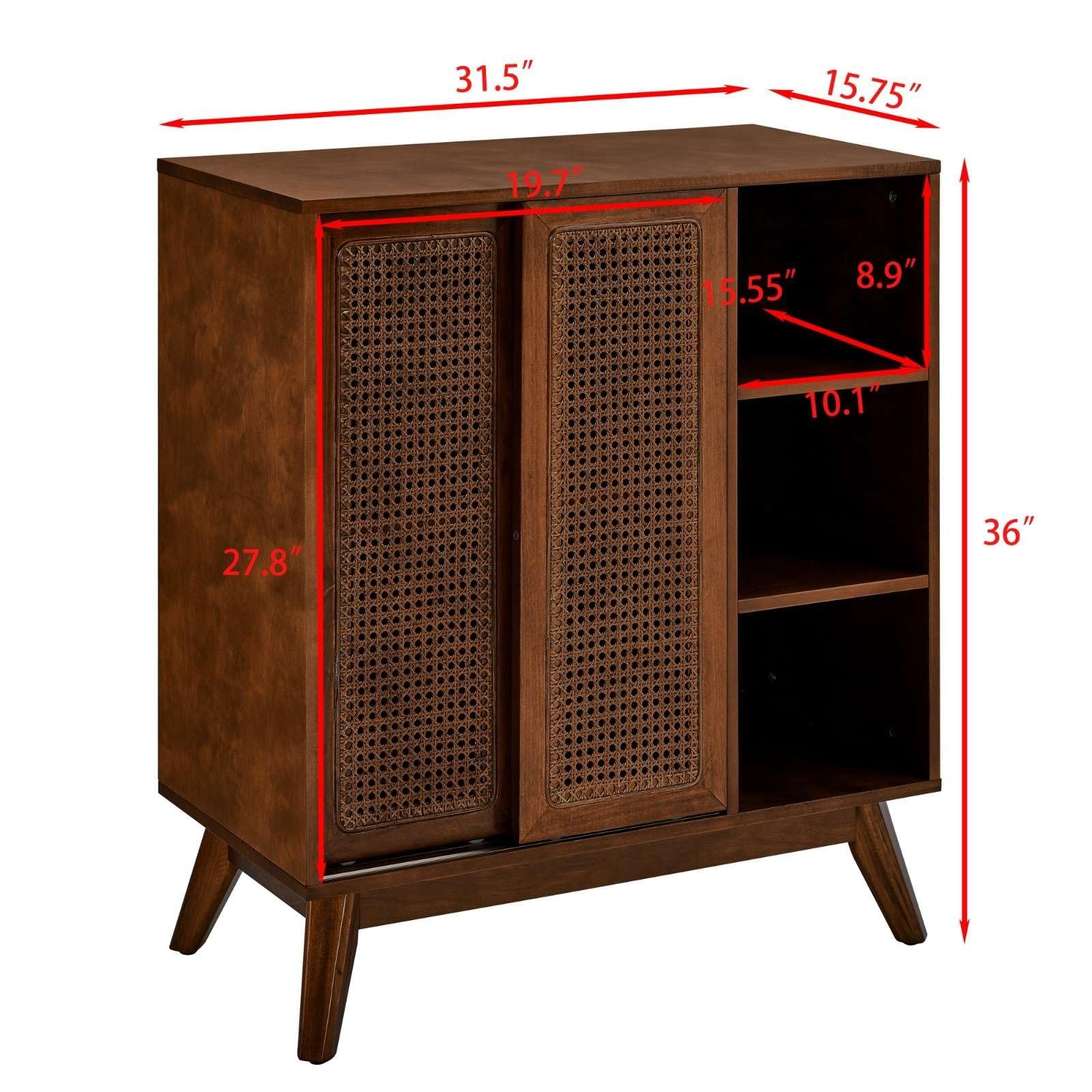 Mid-Century Storage Cabinet Sliding Rattan Doors 36″H Wood Open Shelves Walnut