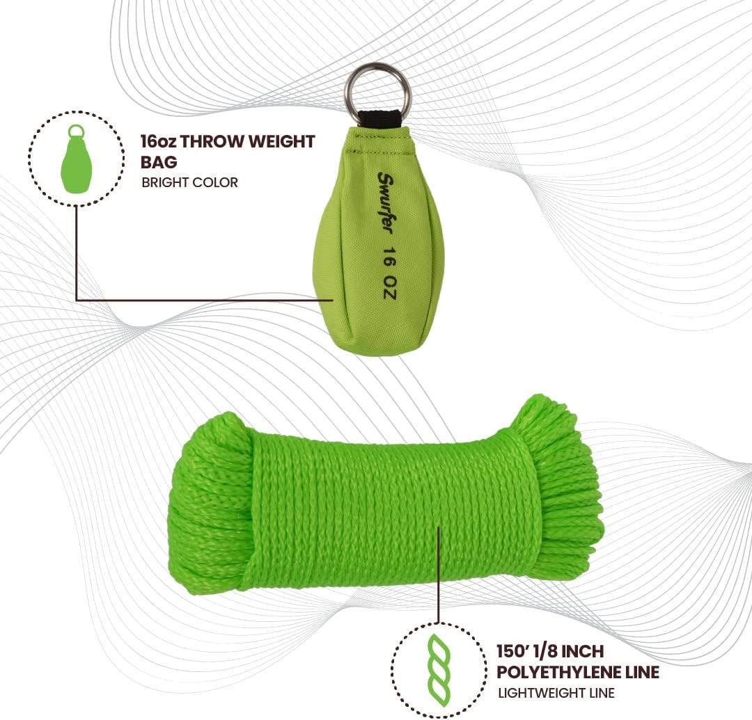 16 Oz Arborist Throw Weight Bag Rope Launcher, and 150′ 1/8″ Arborist Throw Line
