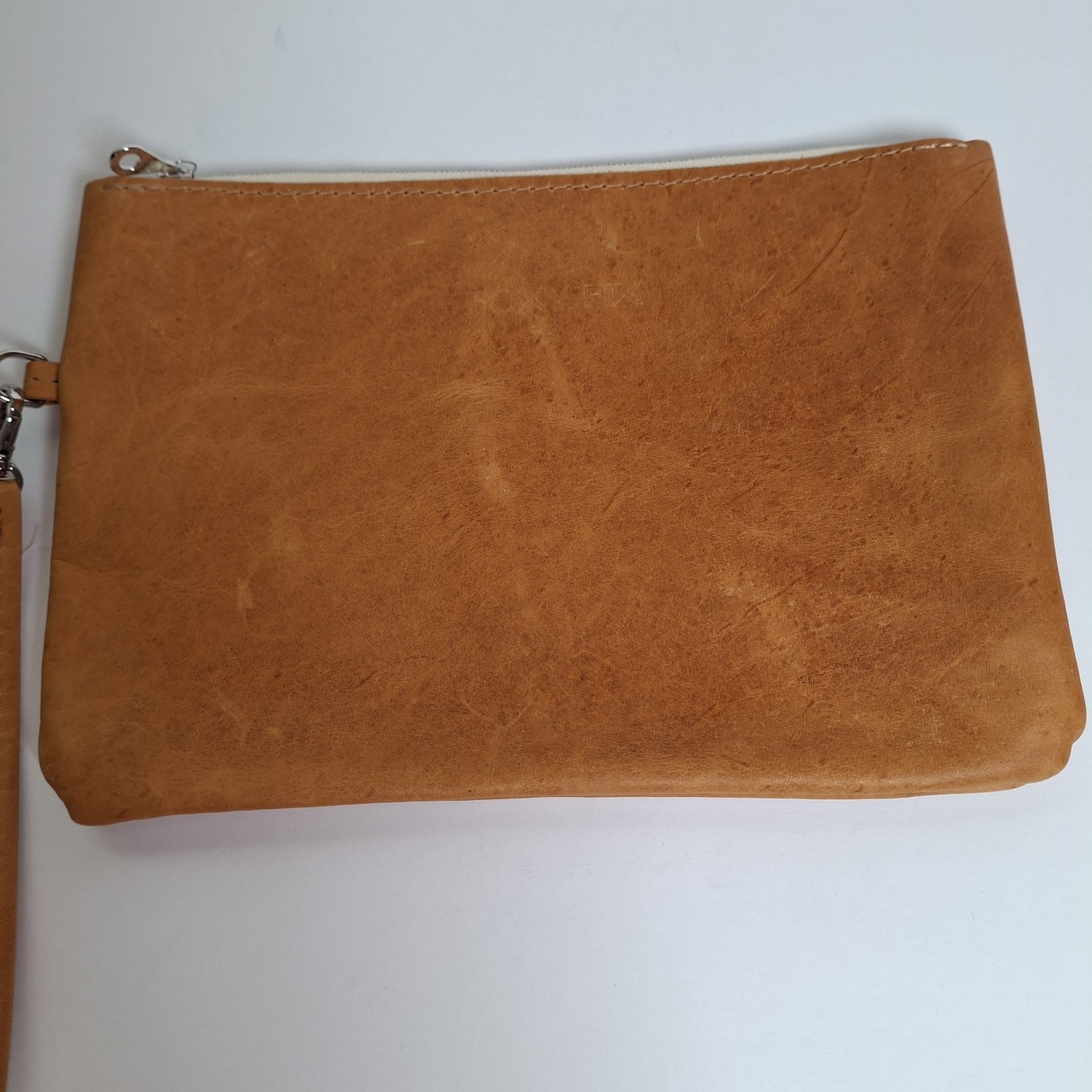 Foxy Fix Leather Wristlet Top Zip 6.5 X 9 Tan Pencil Supply Pouch Carry