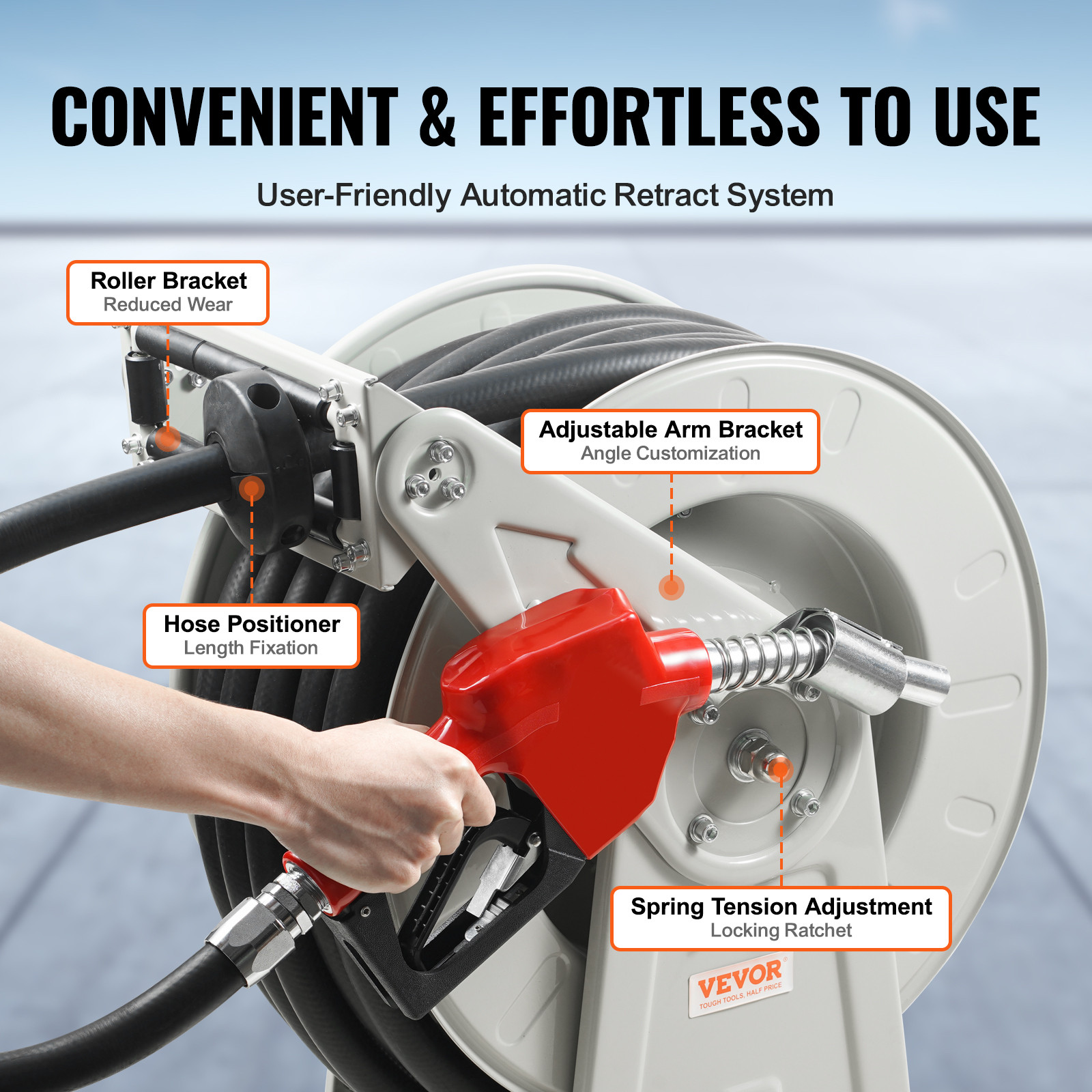 VEVOR Fuel Hose Reel Retractable Diesel Hose Reel 1″ x 50′ Auto Refueling Nozzle
