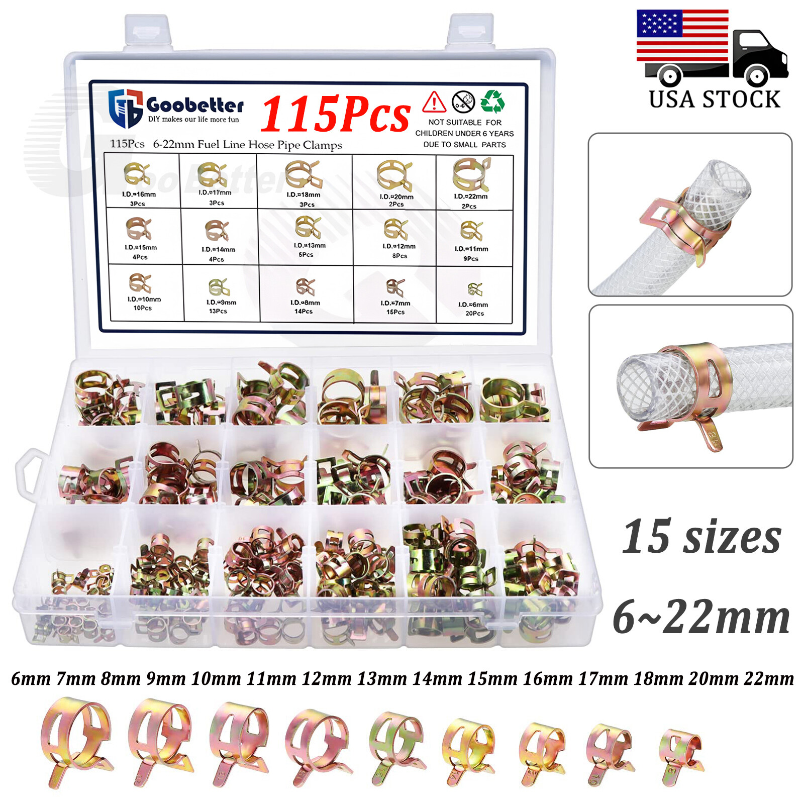 115PCS Hose Clamps Assortment Kit Spring Steel Clip Water Fuel Tube Air Pipe USA