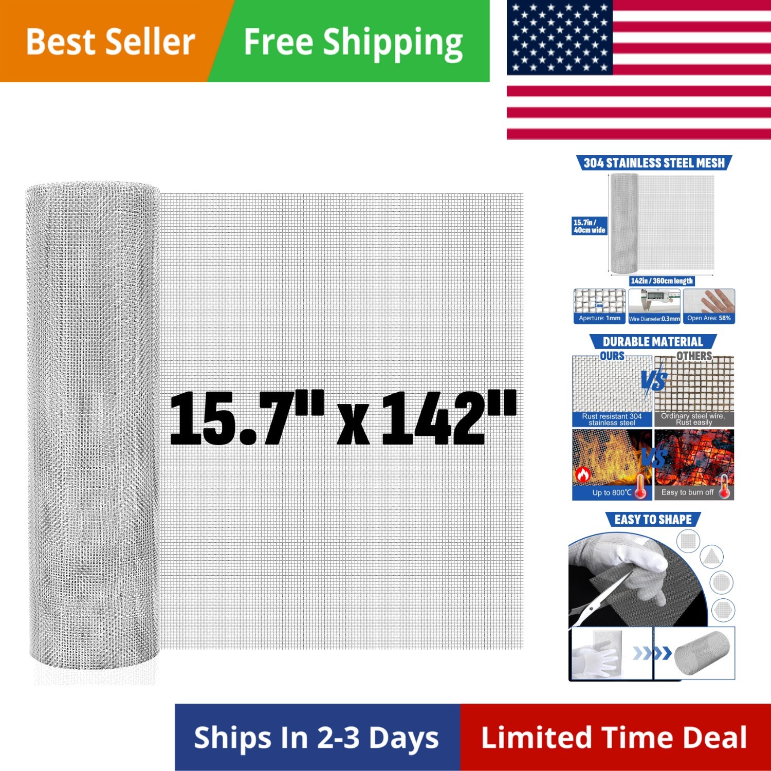 20 Mesh 304 Stainless Steel Mesh Screen, 15.7” x 142”40cm x 360cm Wire Scre…
