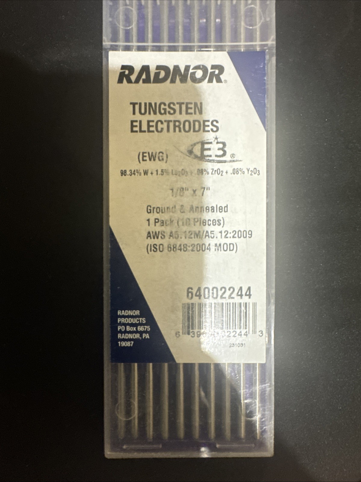 Radnor E3 Tungsten Electrodes 1/8 X 7 In EWG 3.2mm 10 Pack TIG Welding Rods