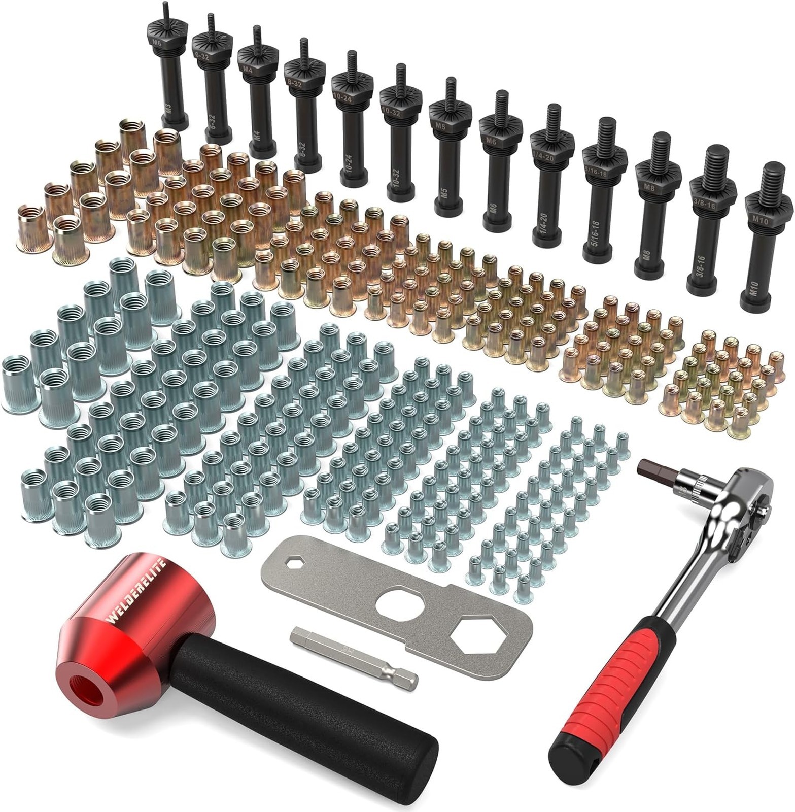 Rivet Nut Drill Adaptor Tool Kit Includes 290 Rivet Nuts and 13 Mandrels