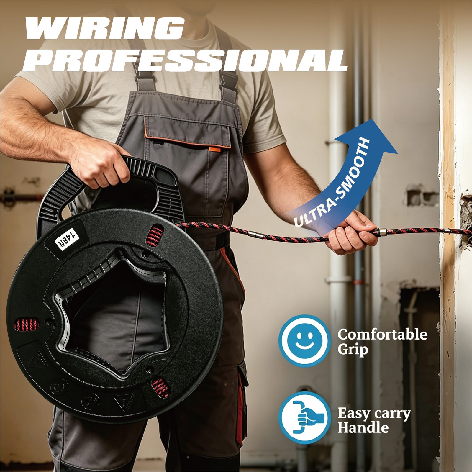 148Ft x4MM Glassfiber Fish-shaped Wire For Pulling Wire & Cable with 7 Adapters