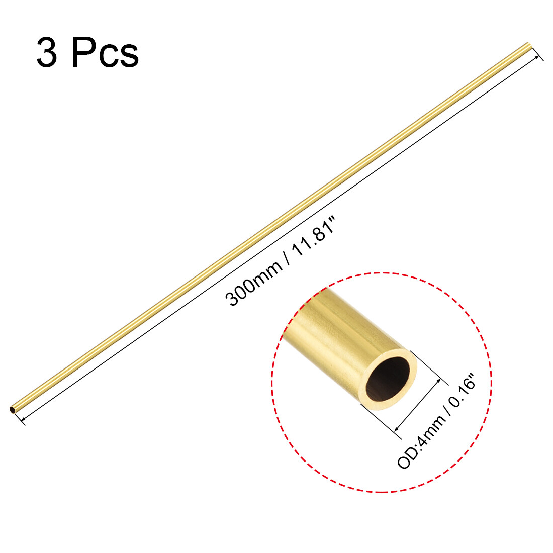 3pcs Brass Round Tube 300mm Length 4mm OD 0.5mm Seamless Straight Pipe Tubing