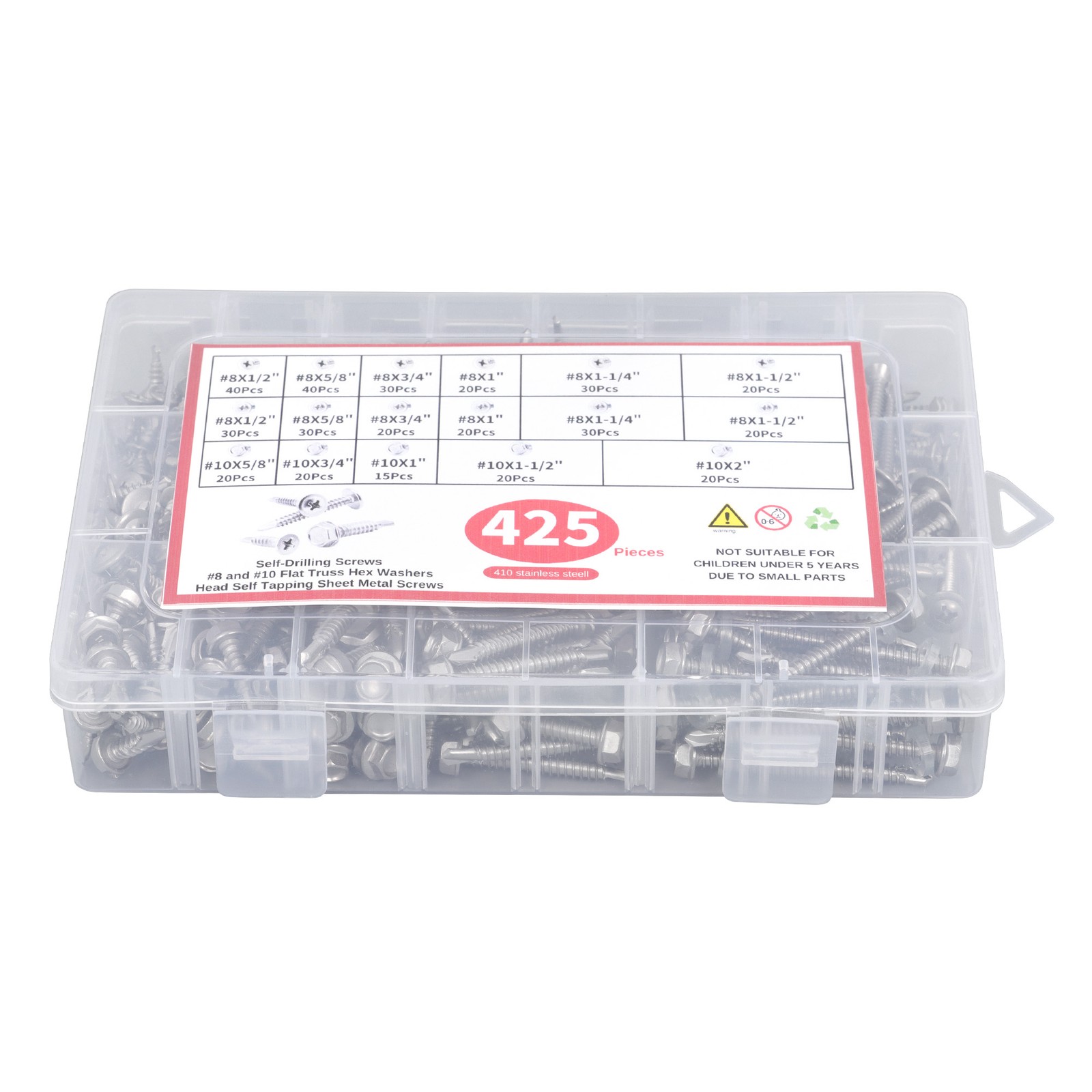 425PC 410 Stainless Steel Self-Tapping Screws #8#10 Self-Drilling Assortment Kit