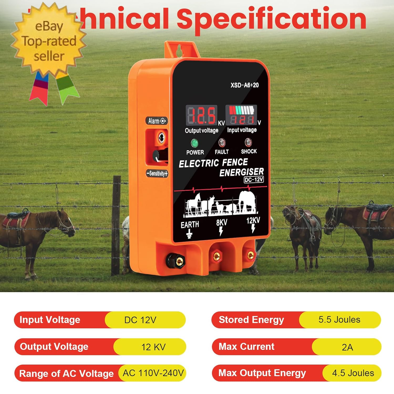 5.5J Electric Fence Charger Energizer, 5.5 Joules 10 Miles, AC DC 2 in 1 Powered