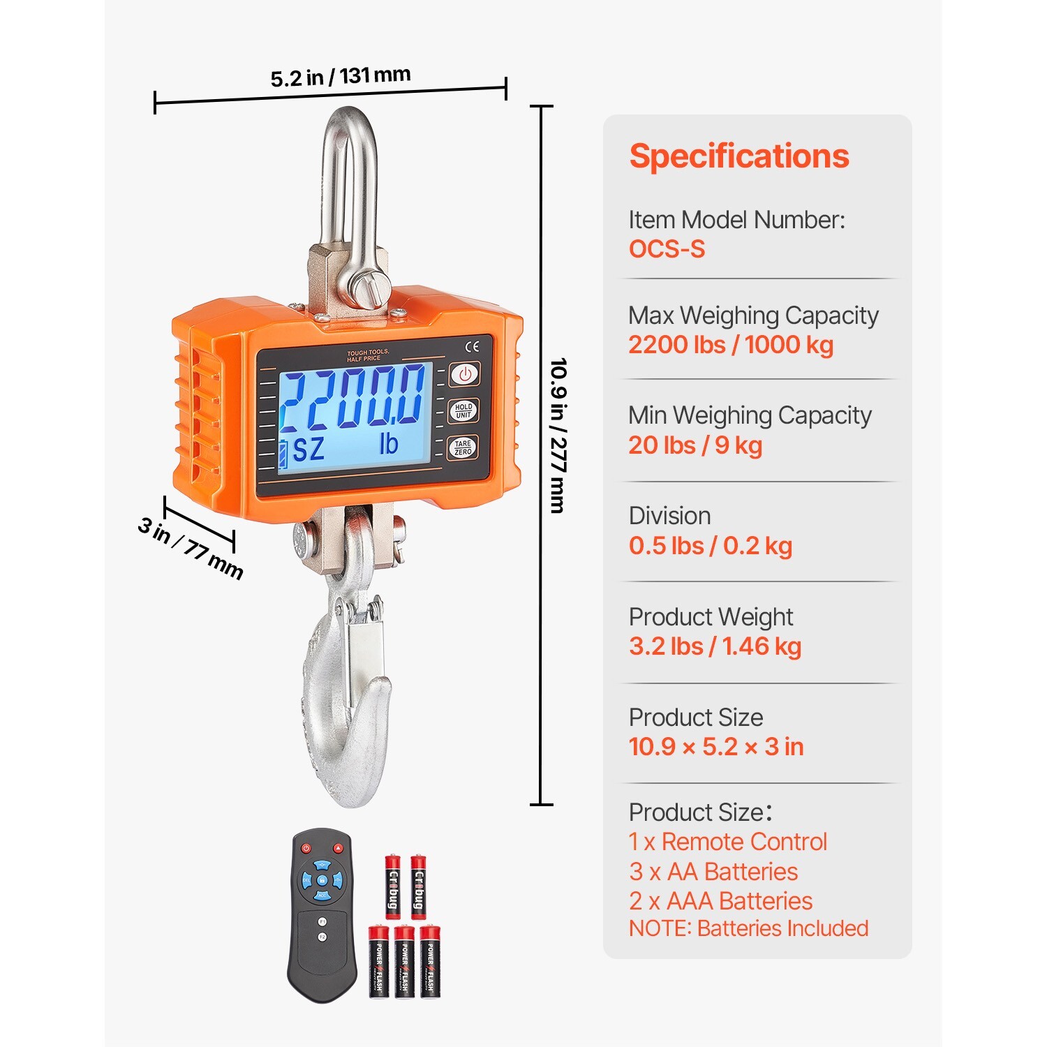 Hanging Scale 2200 lbs/1000 kg Digital Crane Scale Heavy Duty w/LCD Display