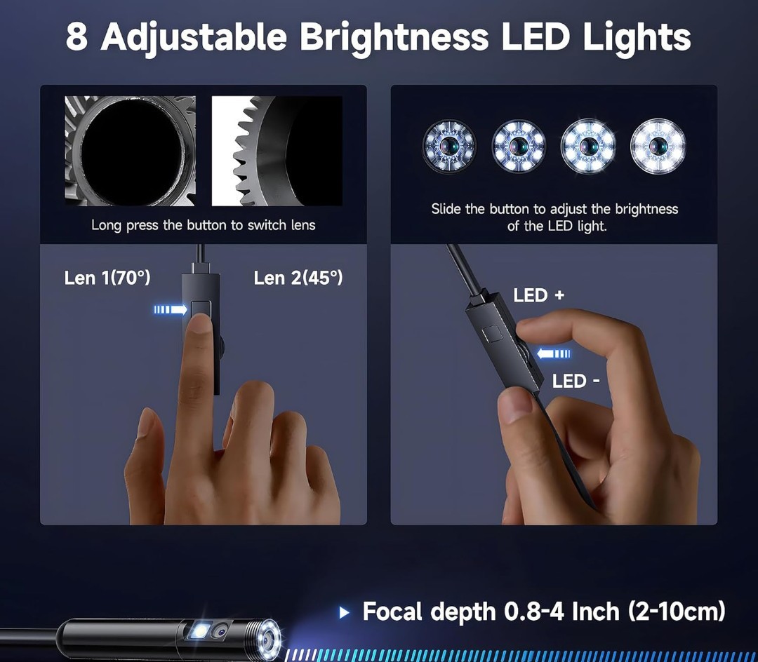 Elecshion Semi-Rigid USB Endoscope Dual Lens 7.9mm IP67 LED Android Apple