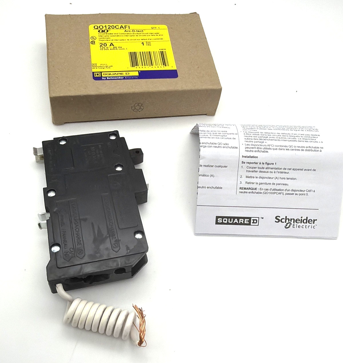 SQUARE D QO120CAFI AFCI CIRCUIT BREAKER 20 AMP 1-POLE ARC FAULT QO SERIES NEW