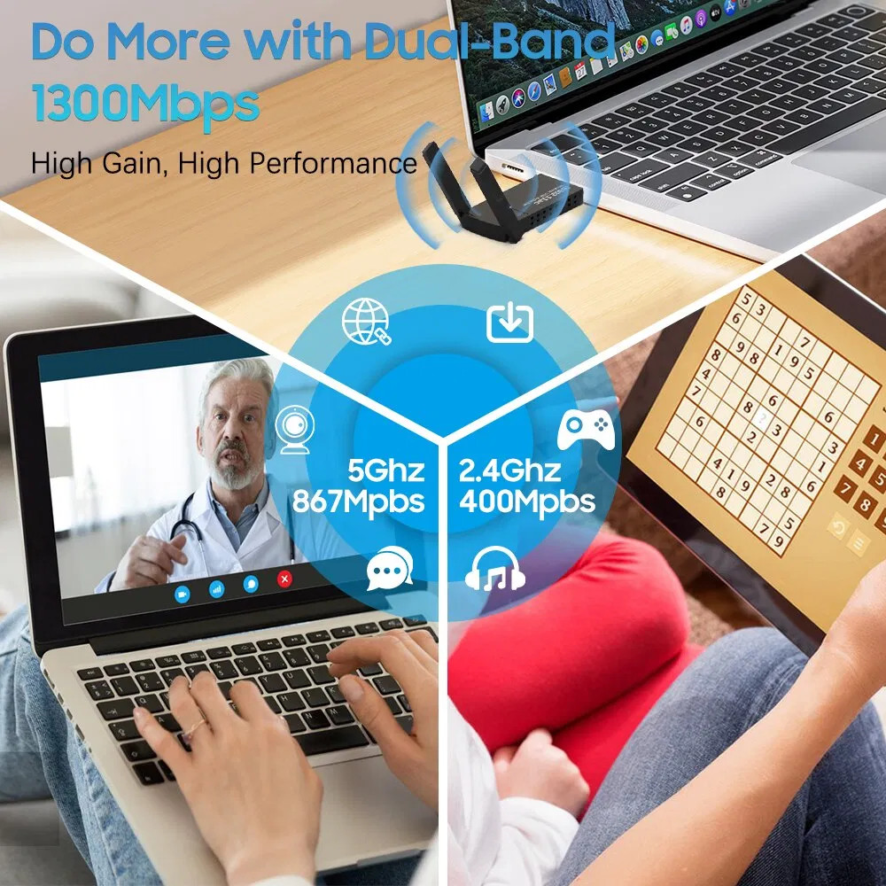 USB 3.0 Wireless WiFi Adapter 1300Mbps Dual Band 5Ghz Long Range Antenna Dongle