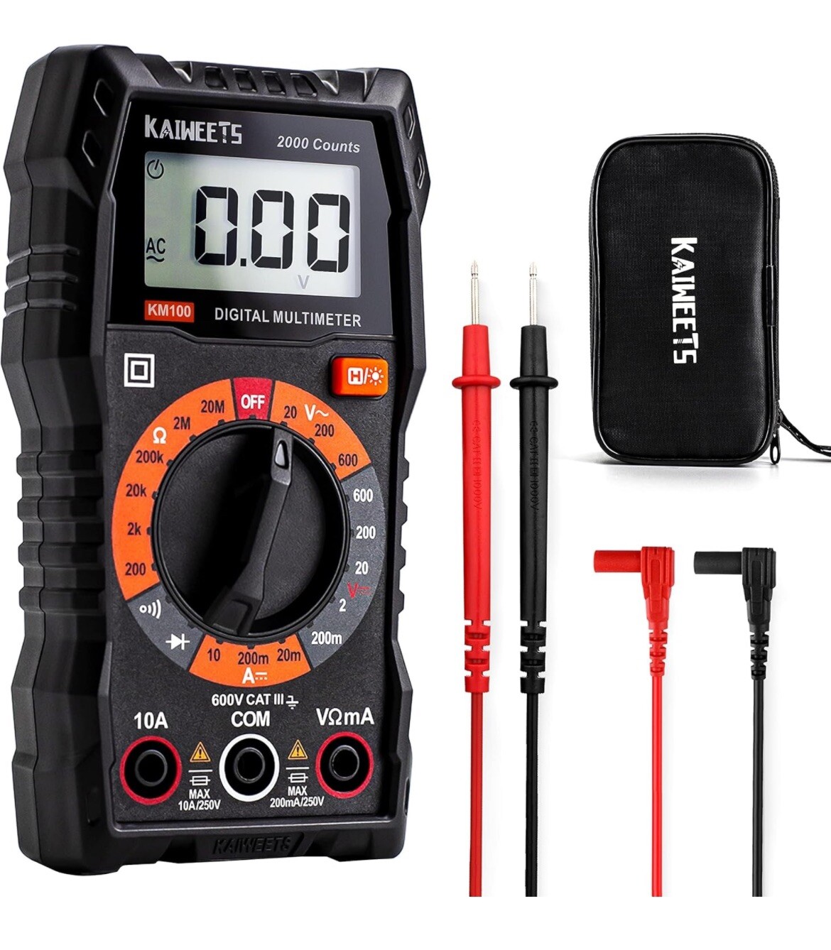 KAIWEETS KM100 Digital Multimeter TRMS 2000 Counts Ohmmeter DC Current Meter