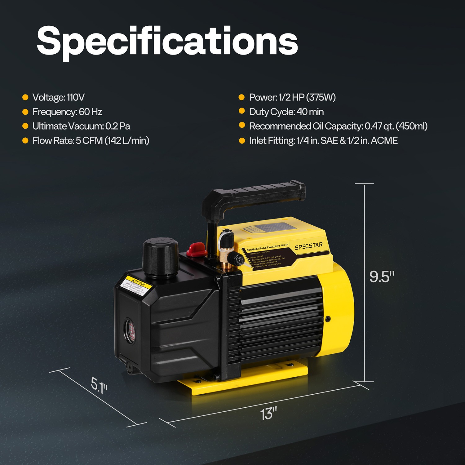 5CFM 1/2HP Dual Stage HVAC AC Vacuum Pump for R410A R134A R22 with 2 Oil Bottles
