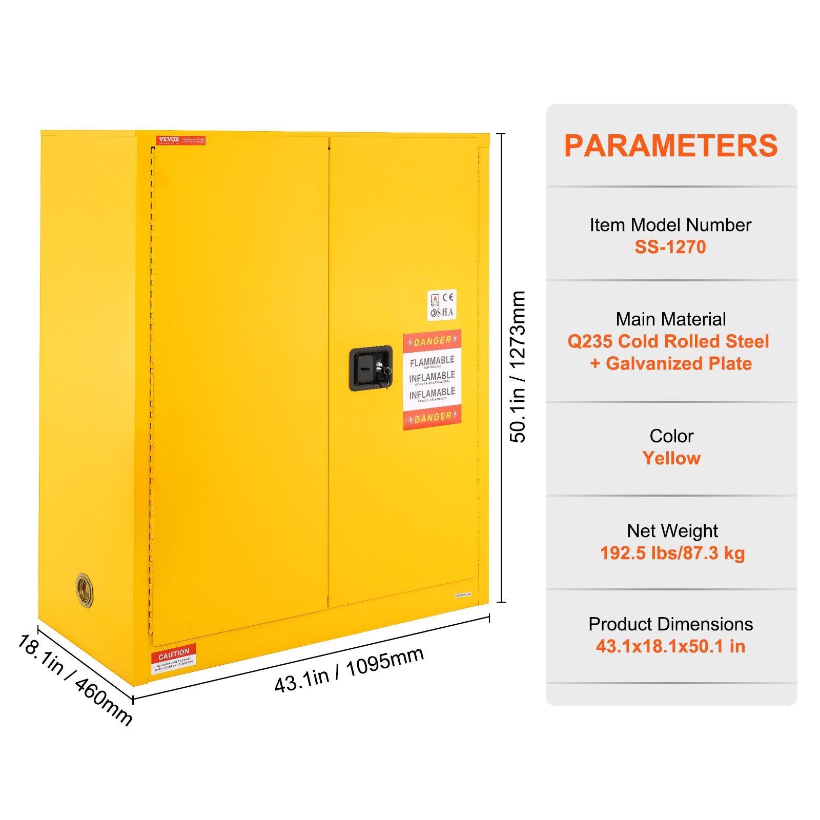 30gal Explosive Liquid Cabinet 43.1×18.1×50.1in Anti-Static Grounding Design