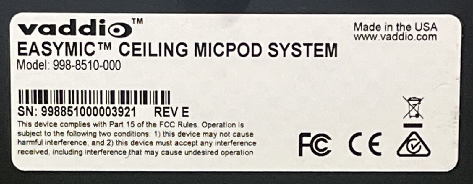 Vaddio EasyMic Ceiling MicPod System w/ Mic Drop Pod 998-8510-000