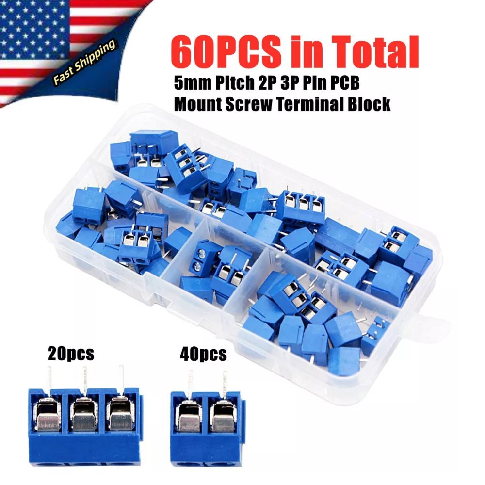 60PCS Blue KF301-2P/3P PCB Mount Screw Terminal Block Connector 2/3Pin 5mm Pitch