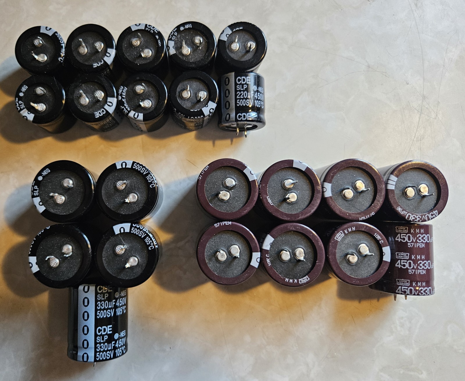 Lot of 23 Snap-In Capacitors 450V – Nippon Chemi-Con KMH & CDE SLP (330uF/220uF