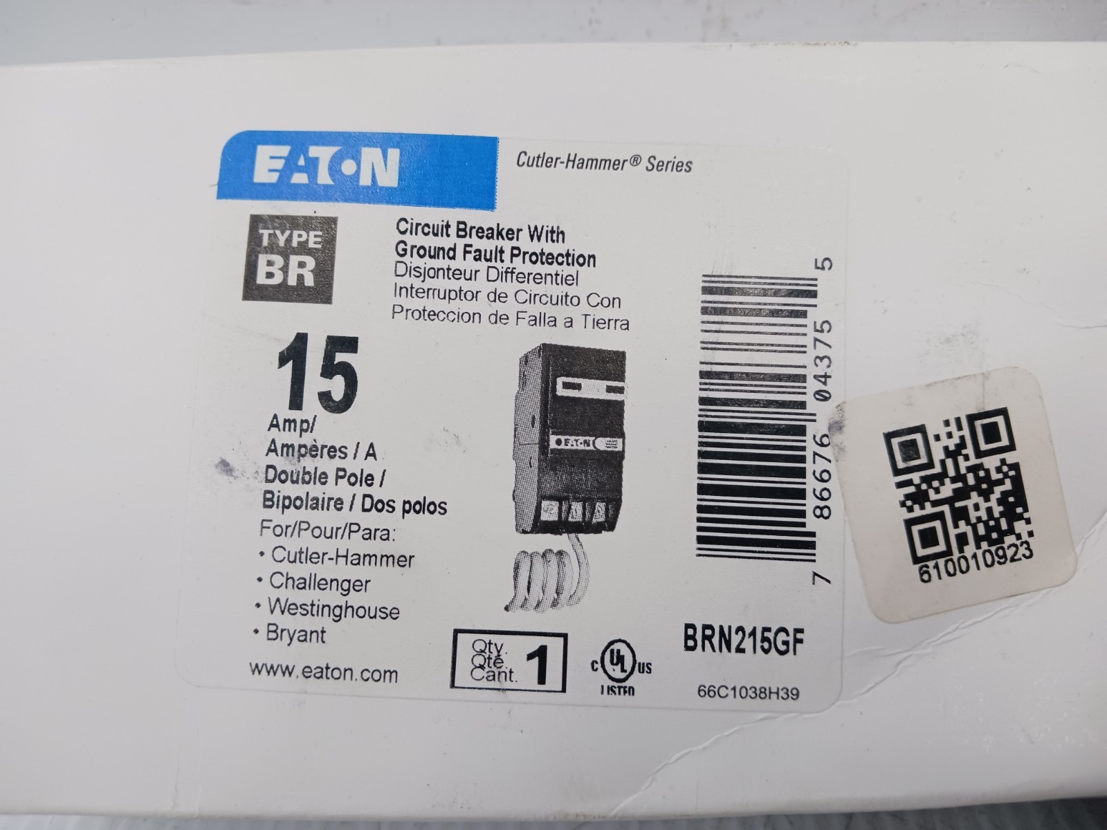 New Eaton 15 Amp Plug-In GFCI Circuit Breaker 2 Pole 120/240 VAC 10kA BRN215GF