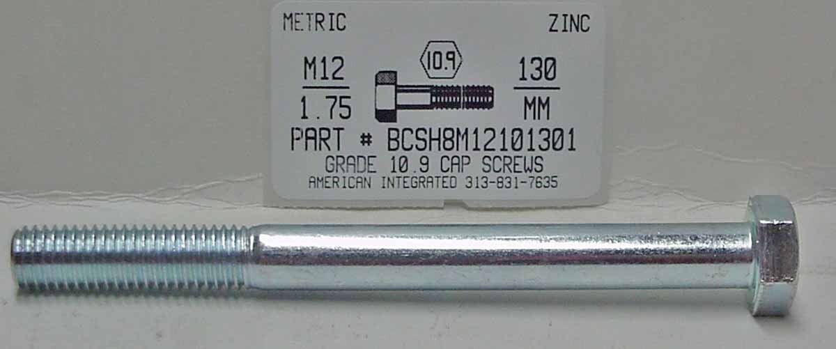 M12-1.75X130MM HEX HEAD CAP SCREWS GRADE 10.9 STEEL ZINC PLATED (15)