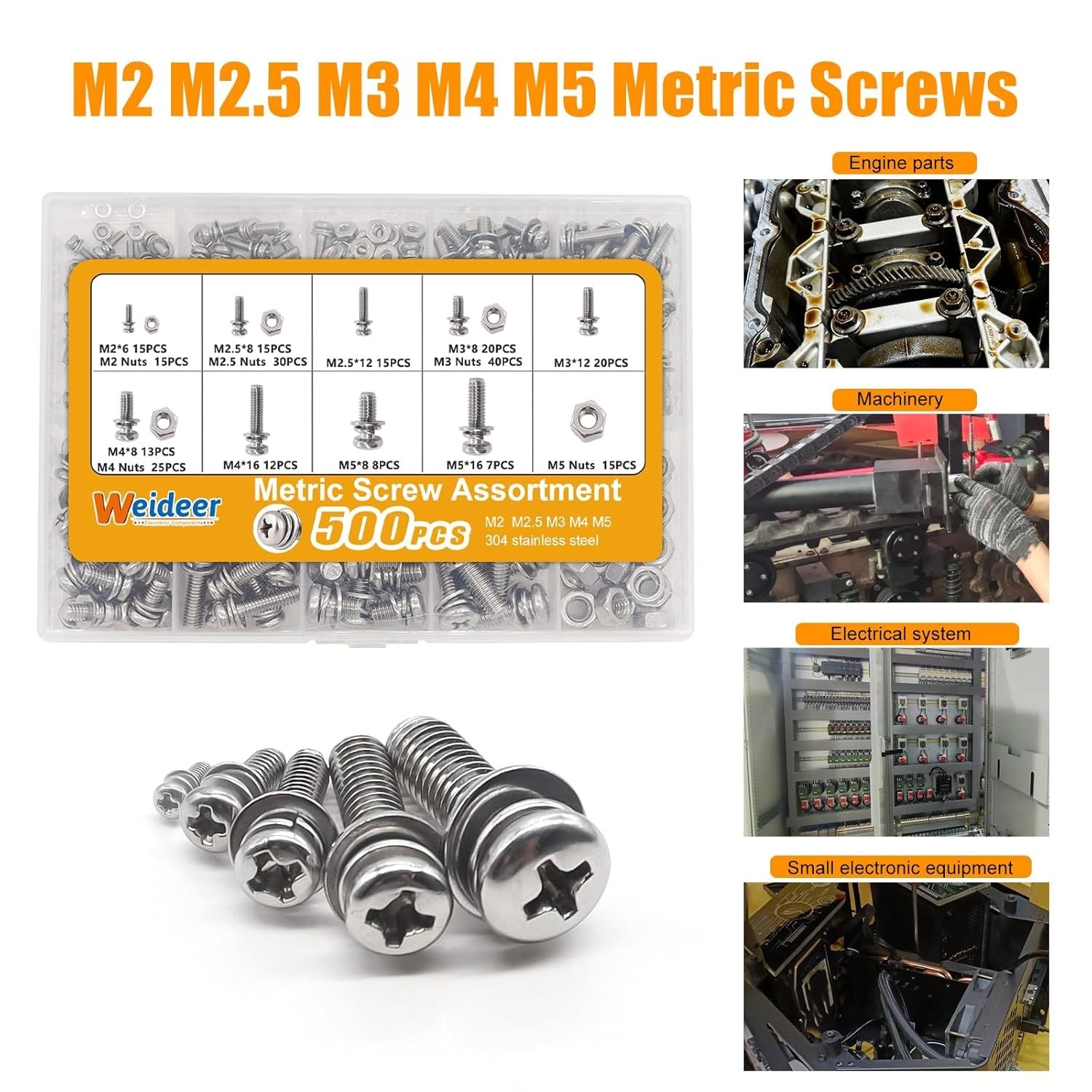 500Pcs Nut and Bolt Assortment Kit,M2 M2.5 M3 M4 M5 Machine Screws, 304 Stainles
